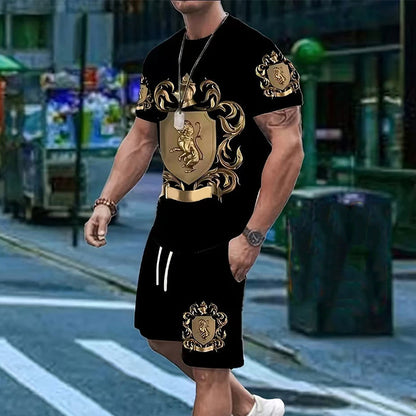 Regalis — Gold Crest-Print Tee & Shorts Set
