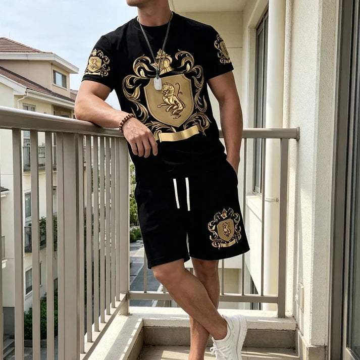 Regalis — Gold Crest-Print Tee & Shorts Set
