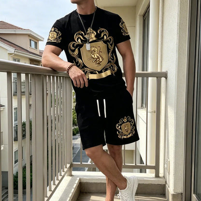 Regalis — Gold Crest-Print Tee & Shorts Set