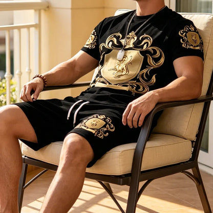 Regalis — Gold Crest-Print Tee & Shorts Set
