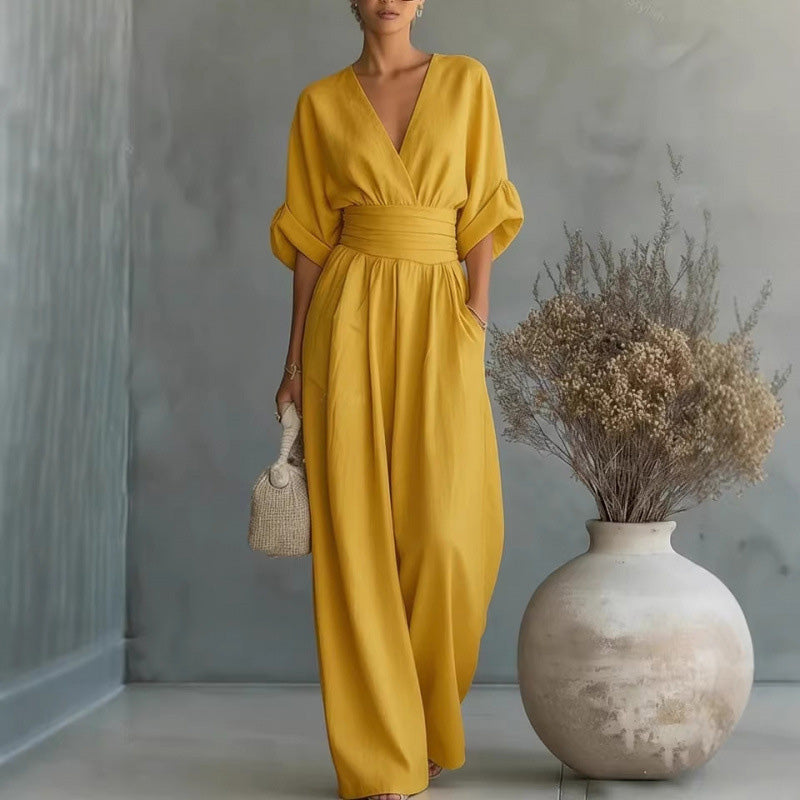 Verisora — V-Neck High-Waist Wide-Leg Jumpsuit