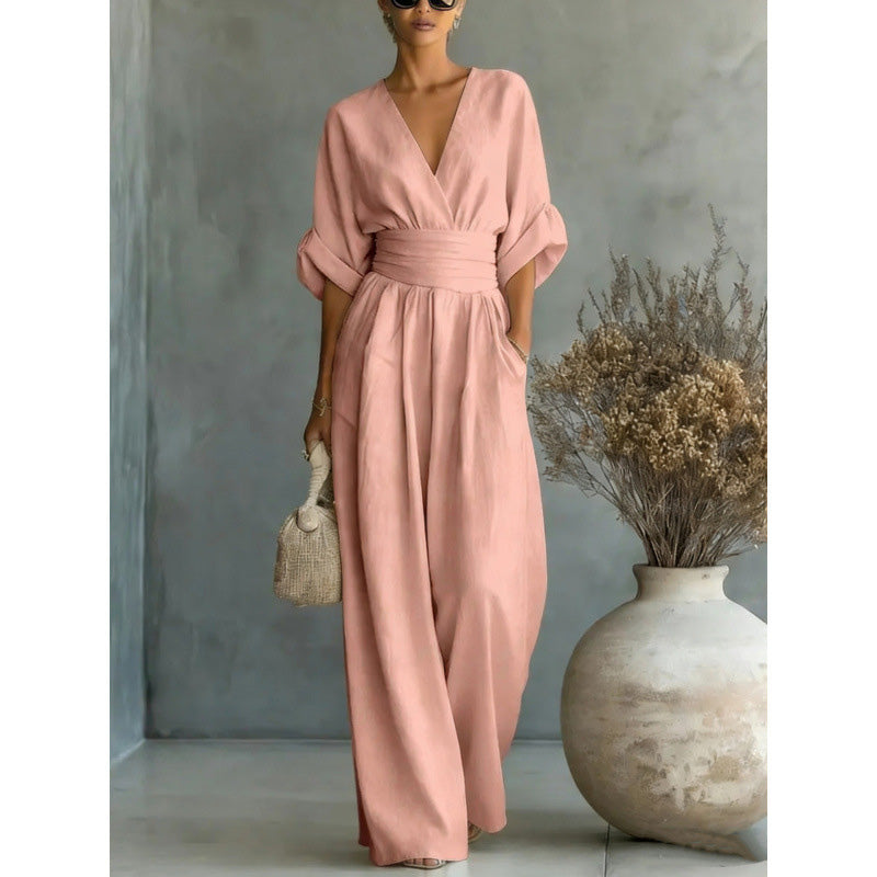Verisora — V-Neck High-Waist Wide-Leg Jumpsuit