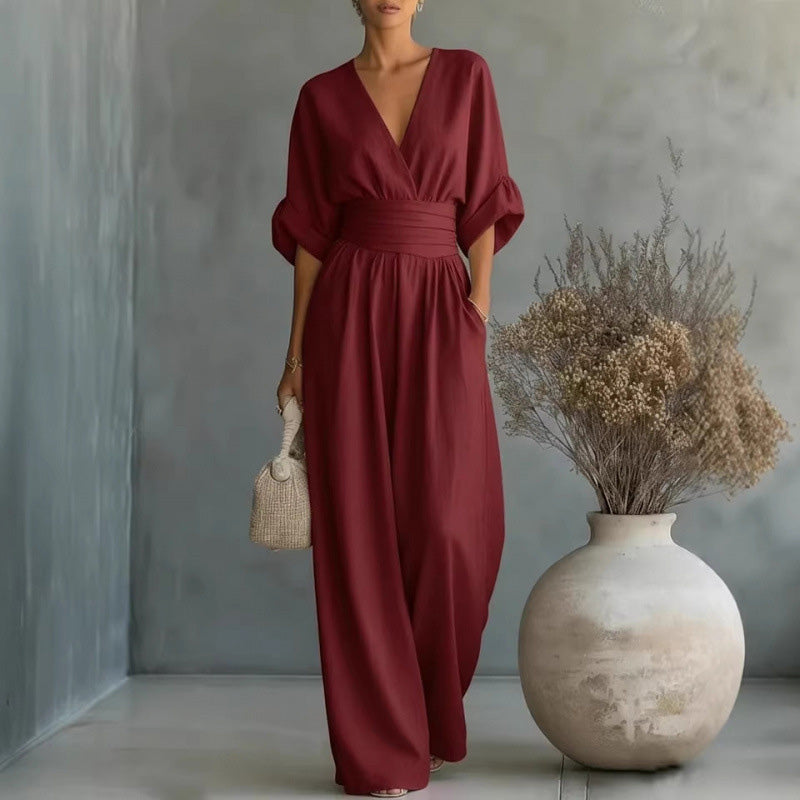 Verisora — V-Neck High-Waist Wide-Leg Jumpsuit
