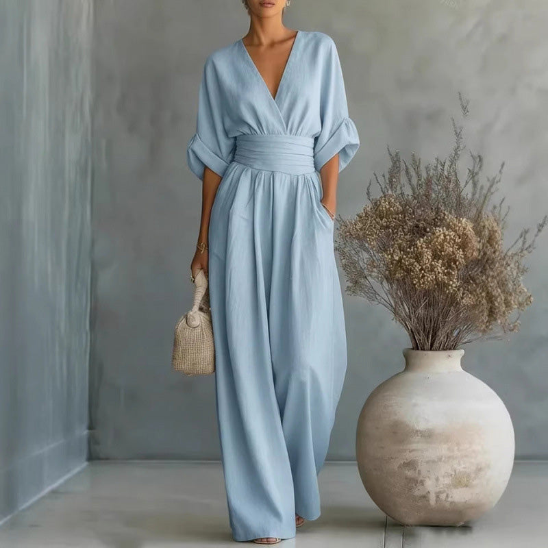 Verisora — V-Neck High-Waist Wide-Leg Jumpsuit
