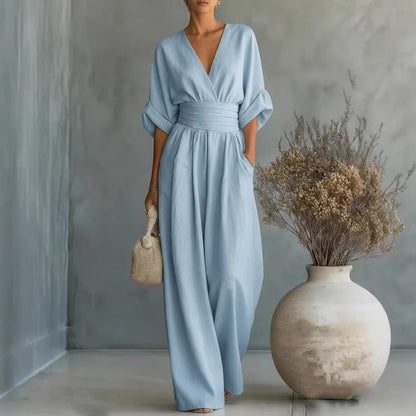 Verisora — V-Neck High-Waist Wide-Leg Jumpsuit