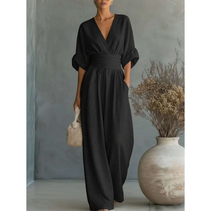 Verisora — V-Neck High-Waist Wide-Leg Jumpsuit