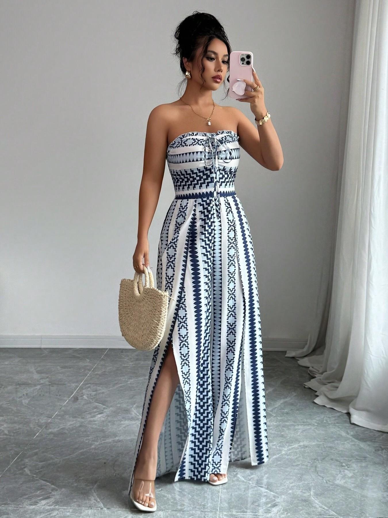 Vaelisse — Halter-Neck Geometric Print Jumpsuit with Side Slit
