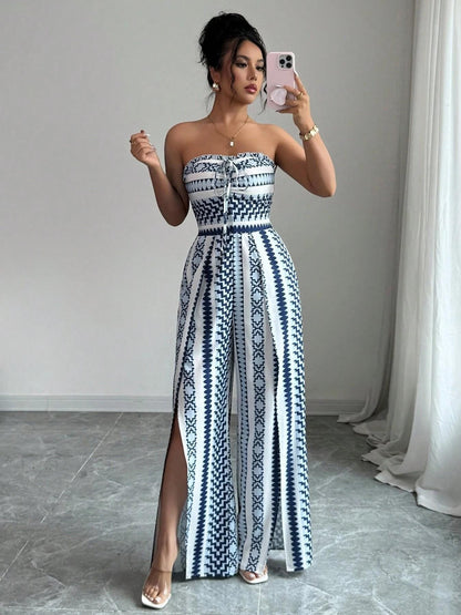 Vaelisse — Halter-Neck Geometric Print Jumpsuit with Side Slit
