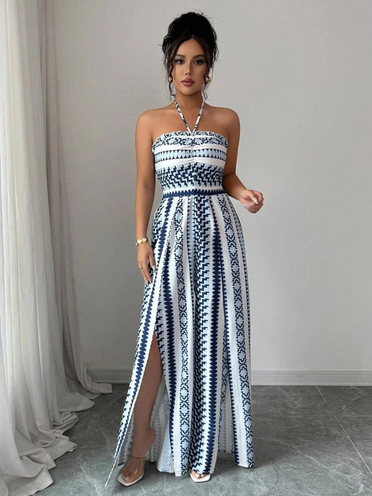 Vaelisse — Halter-Neck Geometric Print Jumpsuit with Side Slit
