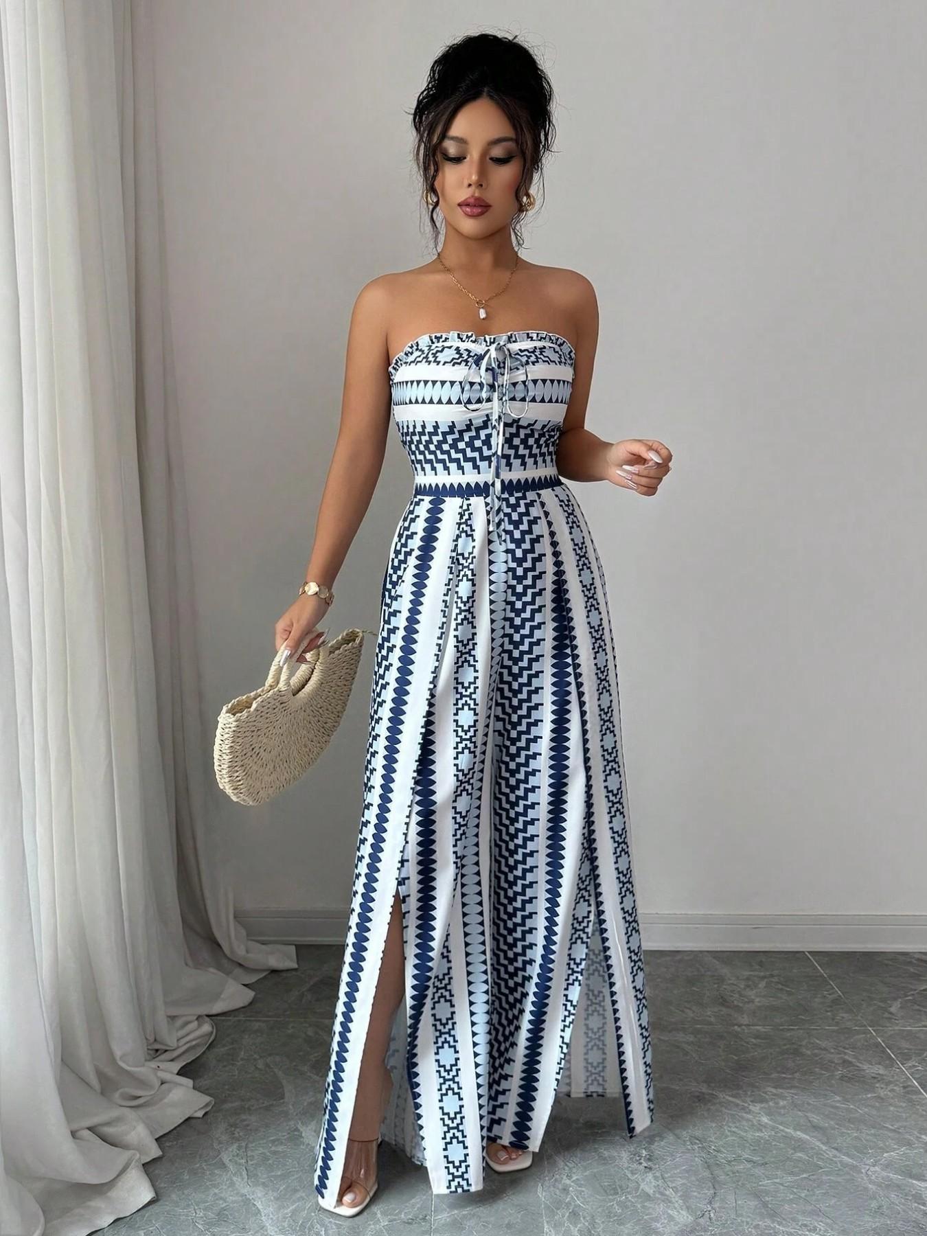 Vaelisse — Halter-Neck Geometric Print Jumpsuit with Side Slit