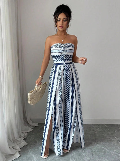 Vaelisse — Halter-Neck Geometric Print Jumpsuit with Side Slit