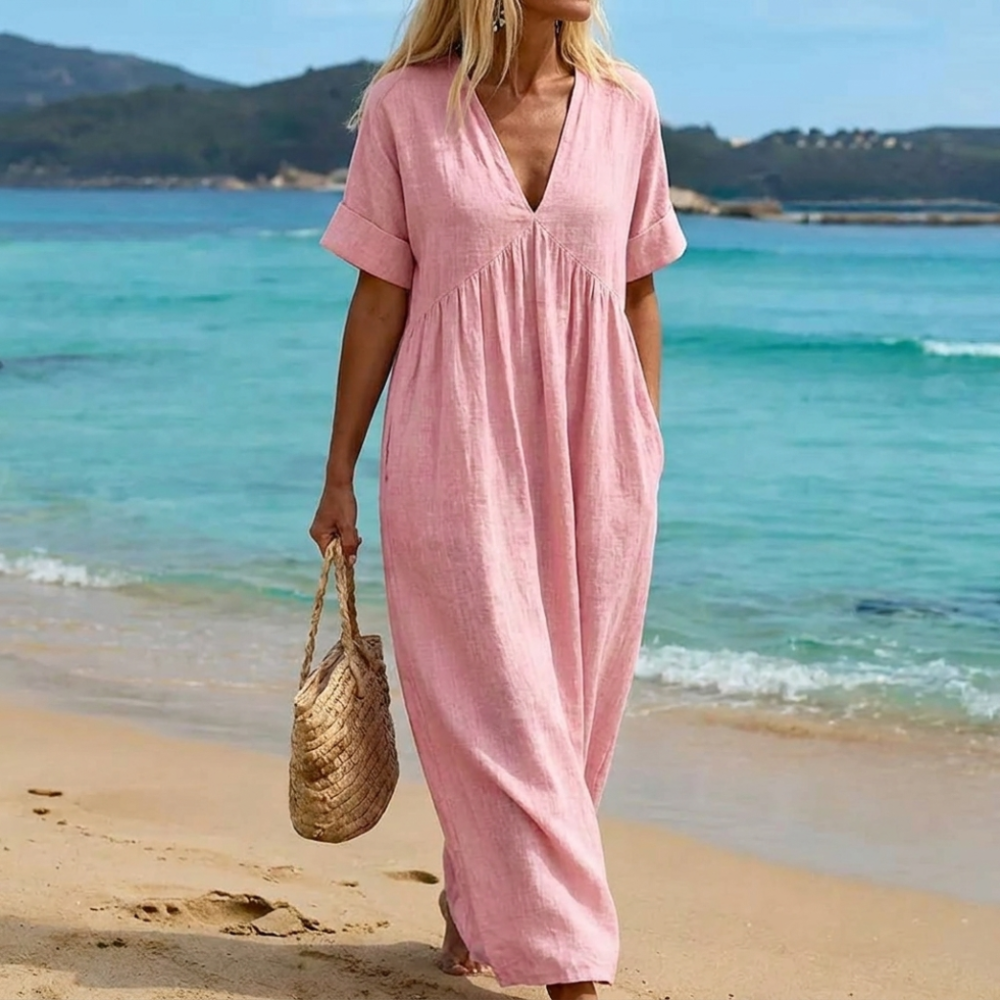 Viviana — V-Neck Linen-Cotton Maxi Dress