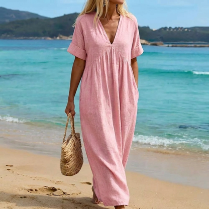 Viviana — V-Neck Linen-Cotton Maxi Dress