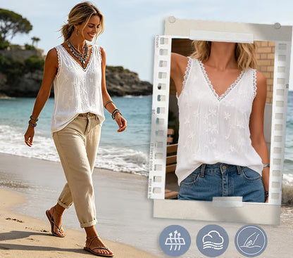 Marguerite — Lace-Trim V-Neck Daisy-Embroidered Tank Top