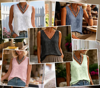 Marguerite — Lace-Trim V-Neck Daisy-Embroidered Tank Top