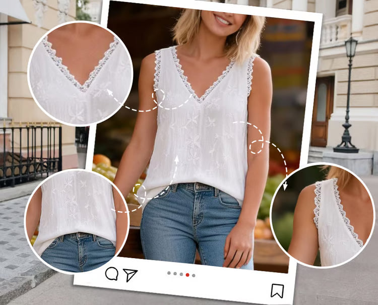 Marguerite — Lace-Trim V-Neck Daisy-Embroidered Tank Top