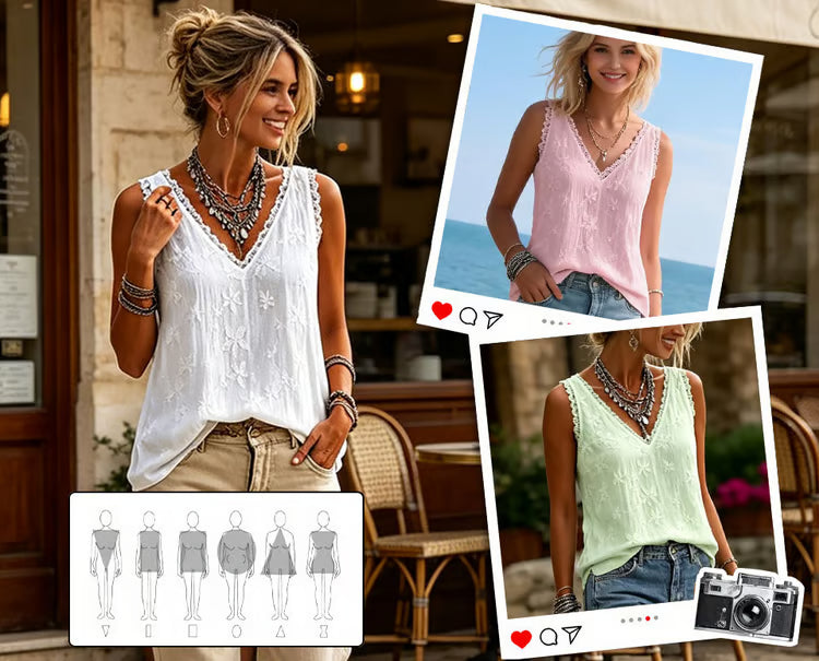 Marguerite — Lace-Trim V-Neck Daisy-Embroidered Tank Top