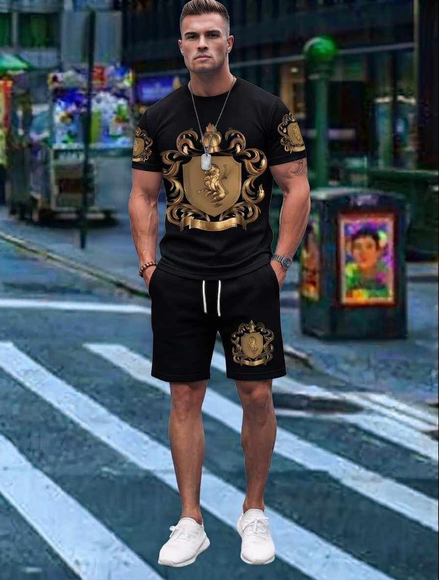 Regalis — Gold Crest-Print Tee & Shorts Set