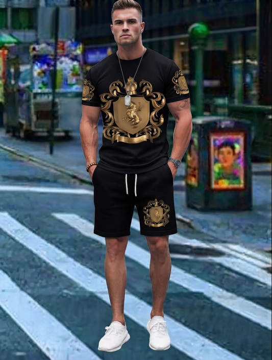 Regalis — Gold Crest-Print Tee & Shorts Set
