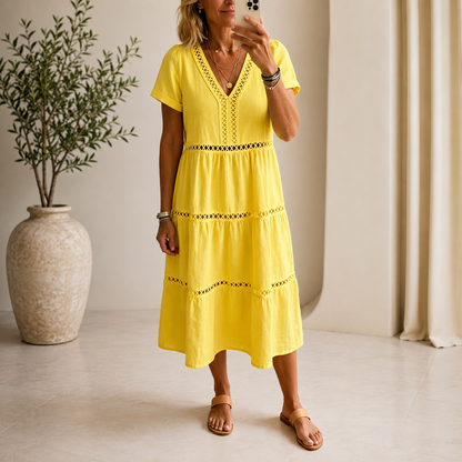 Velorie — Lace V-Neck Tiered Midi Dress
